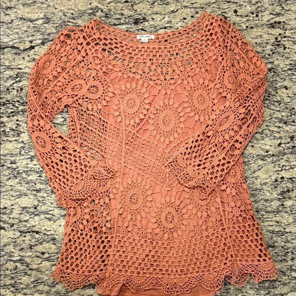 Ultra Pink Crochet Lace Blouse - Coral